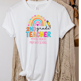 Modern 2e graad Rainbow Teacher School Name T-shirt