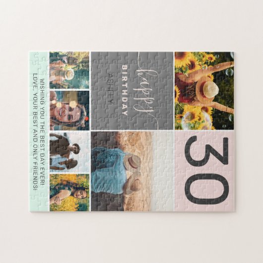 Modern 30-jarig roze 6 foto-collage raster legpuzzel (Horizontaal)