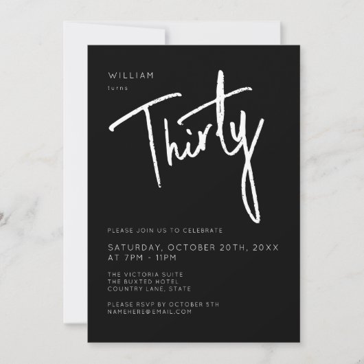 Modern 30th Dertigste Zwart verjaardagsfeestje Kaart (Voorkant)