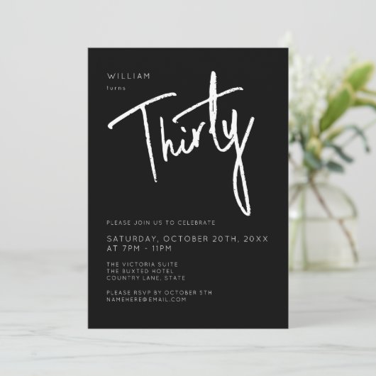 Modern 30th Dertigste Zwart verjaardagsfeestje Kaart (Staand voorkant)