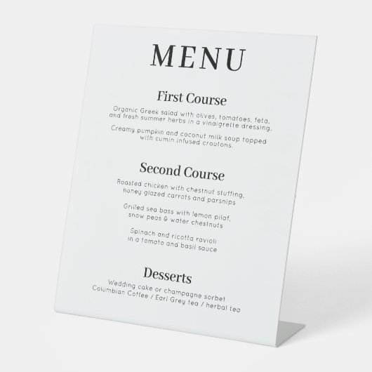 Modern 3-cursus bruiloft menu reclamebord met voetstuk (Voorkant)