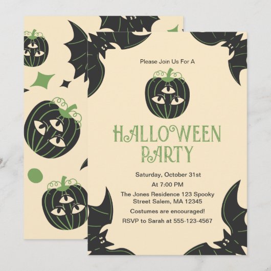 Modern 3-Eyed Pompoen & Vleermuizen Halloween Part Kaart (Voorkant / Achterkant)