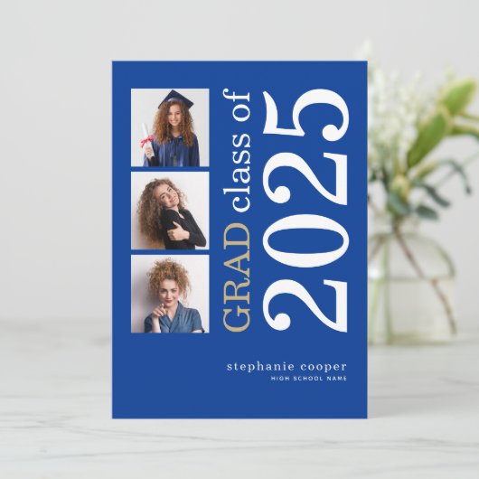 Modern 3 foto 2025 Blauw Afstuderen Aankondiging (Staand voorkant)