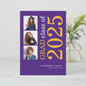 Modern 3 foto 2025 Paarse Gele Afstuderen Aankondiging (Staand voorkant)
