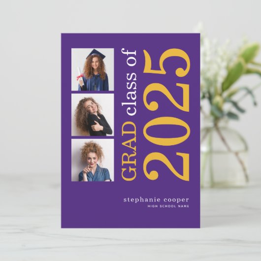 Modern 3 foto 2025 Paarse Gele Afstuderen Aankondiging (Staand voorkant)