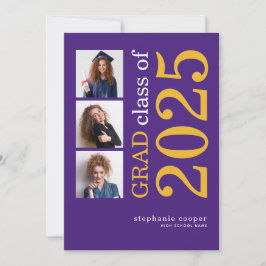 Modern 3 foto 2025 Paarse Gele Afstuderen Aankondiging