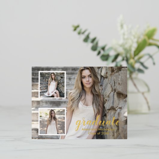 Modern 3 Foto Afstuderen Folie Uitnodiging Briefkaart (Staand Voorkant)