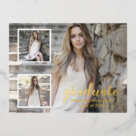 Modern 3 Foto Afstuderen Folie Uitnodiging Briefkaart (Voorkant)