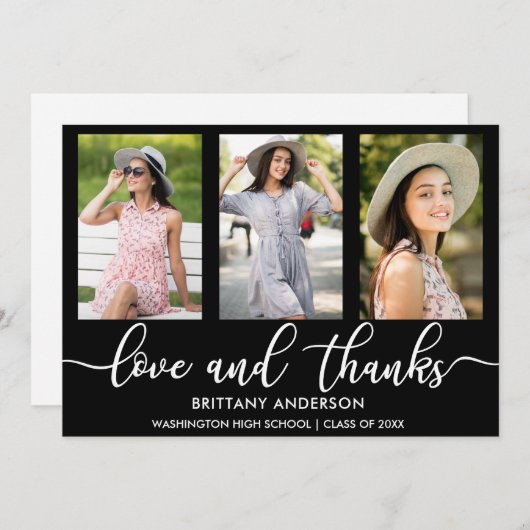 Modern 3 Foto Afstuderen Love and Bedankt Aankondiging (Voorkant / Achterkant)