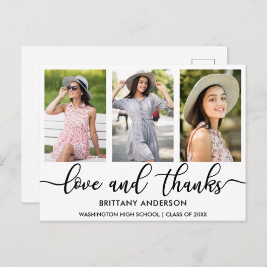 Modern 3 Foto Afstuderen Love and Bedankt BW Aankondigingskaart (Voorkant / Achterkant)