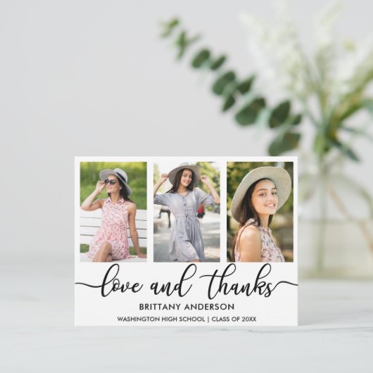 Modern 3 Foto Afstuderen Love and Bedankt BW Aankondigingskaart (Staand voorkant)