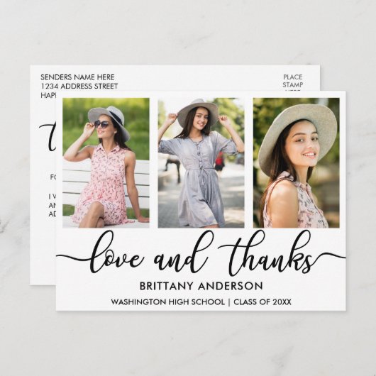 Modern 3 Foto Afstuderen Love and Bedankt W Aankondigingskaart (Voorkant / Achterkant)