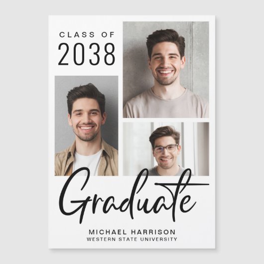 Modern 3 foto Afstuderen magnetische aankondiging (Voorkant)