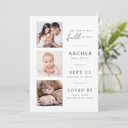 Modern 3 Foto Baby geboorte Aankondiging (Staand voorkant)