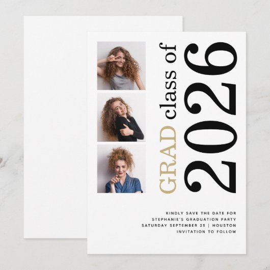 Modern 3 foto Bold 2025 Afstudeerfeest Save The Date (Voorkant / Achterkant)