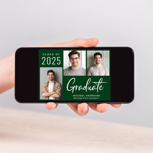 Modern 3 Foto Bold Script Green Afstuderen Aankondiging