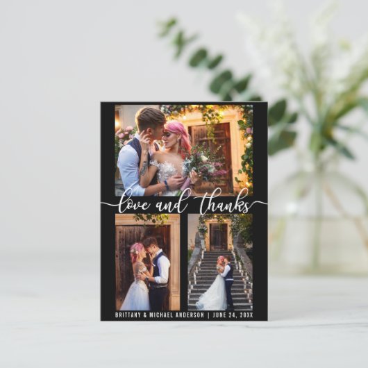 Modern 3 foto bruiloft liefde en Bedankt script Briefkaart (Staand voorkant)