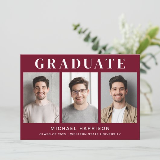 Modern 3 Foto Burgundy Afstuderen Aankondiging (Staand voorkant)