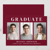 Modern 3 Foto Burgundy Afstuderen Aankondiging (Voorkant / Achterkant)