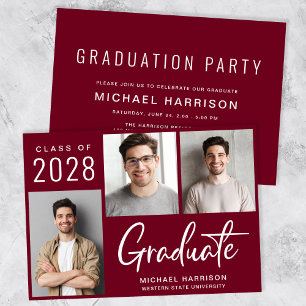 Modern 3 Foto Burgundy Graduation Party Kaart