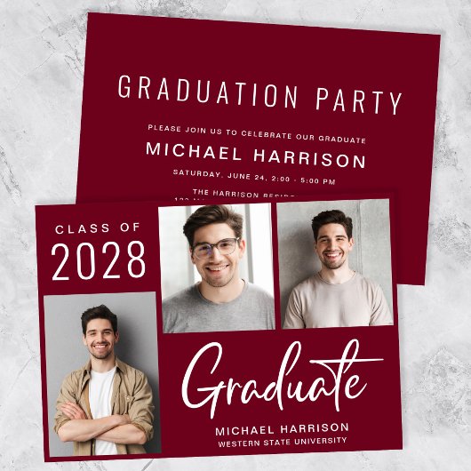 Modern 3 Foto Burgundy Graduation Party Kaart