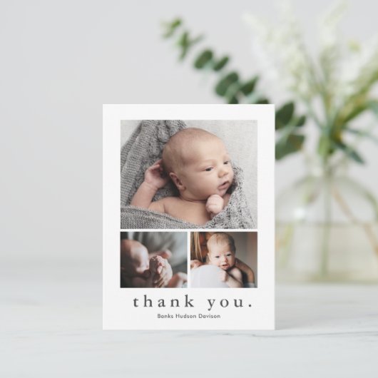 Modern 3 Foto Collage Baby Hartelijk dank Briefkaart (Staand voorkant)