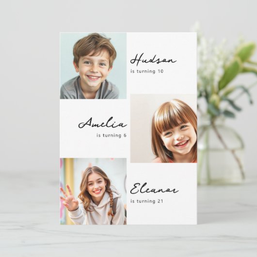 Modern 3 foto collage gezamenlijke verjaardagsfees kaart (Staand voorkant)