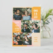 Modern 3 Foto Collage Pink en Oranje Weddenschap Save The Date (Staand voorkant)
