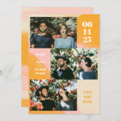 Modern 3 Foto Collage Pink en Oranje Weddenschap Save The Date (Voorkant / Achterkant)