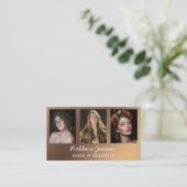 Modern 3 foto haar & make-up zwart en goud visitekaartje (Staand voorkant)