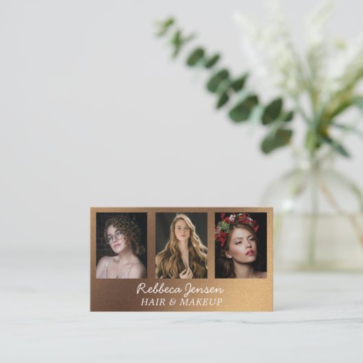 Modern 3 foto haar & make-up zwart en goud visitekaartje (Staand voorkant)