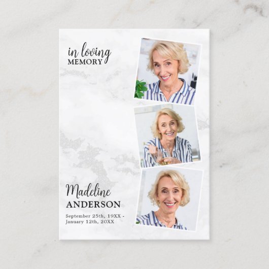 Modern 3 Foto Memorial Funeral Prayer Kaart Marble Contactkaartje (Voorkant)