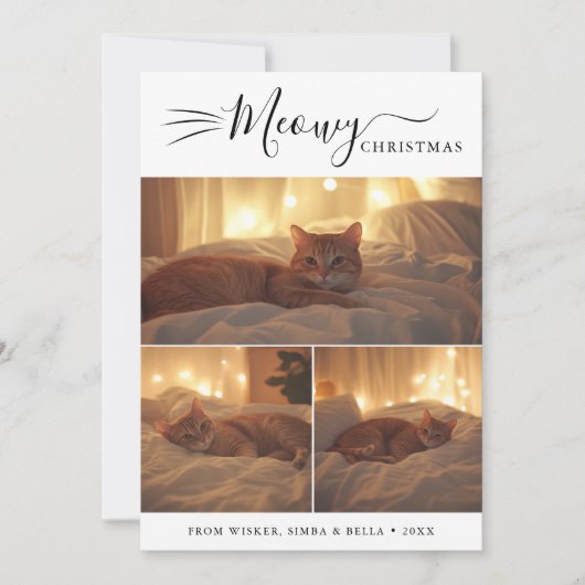 Modern 3 Foto Meowy Kerst Schattige Grappige Kat Feestdagenkaart (Voorkant)