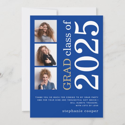 Modern 3 foto Vet Tekst 2024 Blauw Afstuderen Bedankkaart (Voorkant)