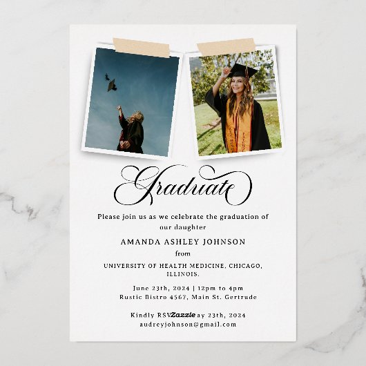 Modern 3 foto wit script Afstuderen Folie Uitnodiging (Achterkant)