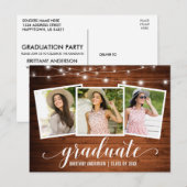 Modern 3 Foto Wood String Lights Graduparty Uitnodiging Briefkaart (Voorkant / Achterkant)