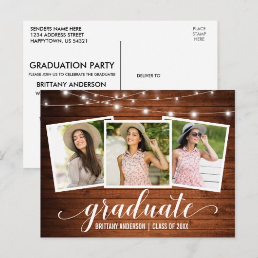 Modern 3 Foto Wood String Lights Graduparty Uitnodiging Briefkaart (Voorkant / Achterkant)