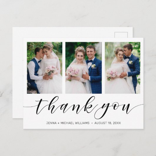 Modern 3 Fotocollage Zwart Script Bruiloft Briefkaart (Voorkant / Achterkant)