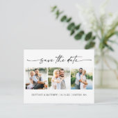 Modern 3 Foto's Ink Pen script opslaan Datum Briefkaart (Staand voorkant)