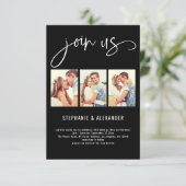 Modern 3 foto's Join Us Script Wedding Black Kaart (Staand voorkant)