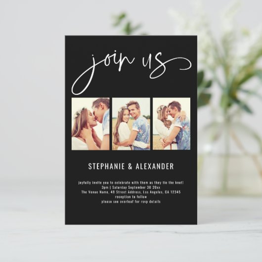 Modern 3 foto's Join Us Script Wedding Black Kaart (Staand voorkant)