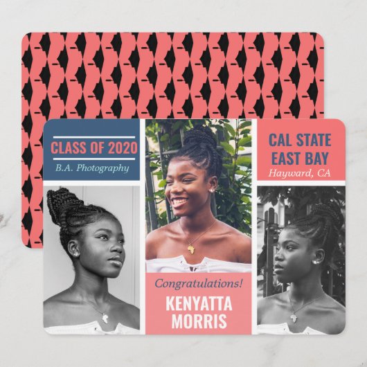 Modern 3 Foto's koraal|Blauwgroen|Blauw Afstuderen Aankondiging (Voorkant / Achterkant)