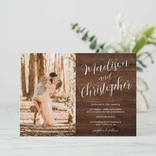 Modern 3 foto's namen hout Qr bruiloft Kaart (Staand voorkant)