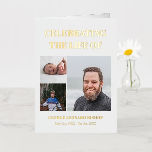 Modern 3 Foto's vieren het Life Funeral Programme Folie Wenskaart (Kleine Bloem)