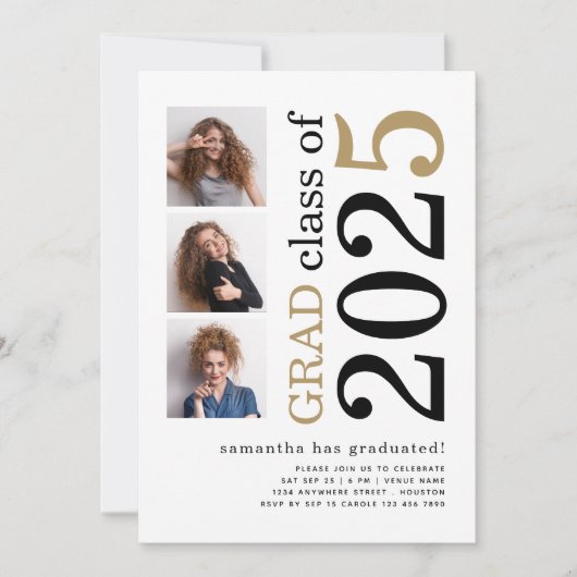 Modern 3 foto's Zwart Goud 2025 Wit Afstuderen Kaart (Voorkant)