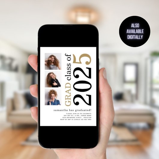 Modern 3 foto's Zwart Goud 2025 Wit Afstuderen Kaart