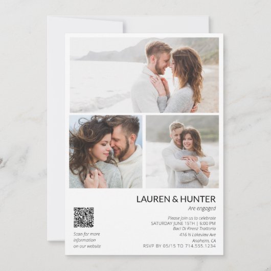 Modern 3 Fotoscript QR Code Engagement Party Aankondiging (Achterkant)