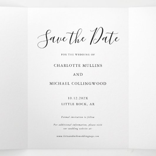 Modern 3 Fotoscript Trouwen Sla de datum op Drieluik Aankondiging (Binnenkant midden)