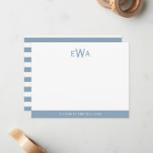 Modern 3 Initiaal Monogram Aqua Blue Stripes Notitiekaartje (Voorkant / Achterkant in situ)