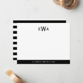 Modern 3 Initiaal Monogram Zwart Wit Strepen Notitiekaartje (Voorkant / Achterkant in situ)